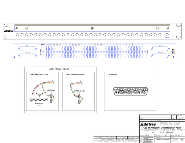 e-Coustic Systems Monitor Patchbay, 1x32+1 TT (Bantam), 1 RU, DB25 / E3 Rear Interface